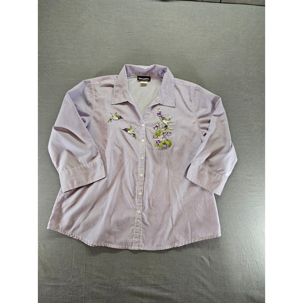 Get Lucky USA Purple Striped Hummingbird Floral Embroidered 3/4 Sleeve Shirt L